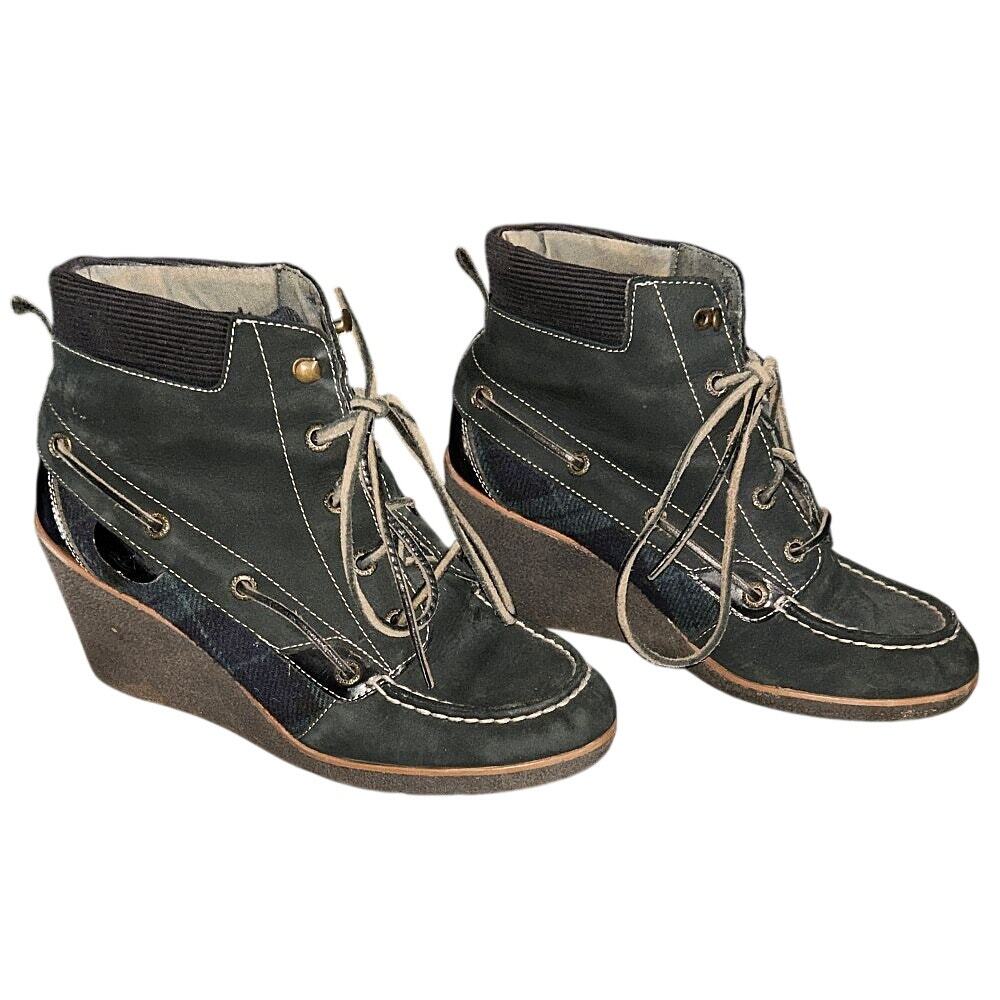 Sperry Top Sider Bailey Green Leather Wool Plaid Wedge Ankle Boots Booties 7.5